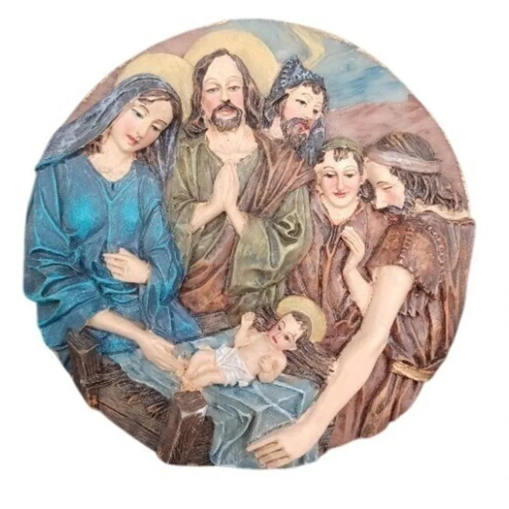 Vintage Nativity Scene Circular 3D Relief Plaque Holy Family‎ Shepherds